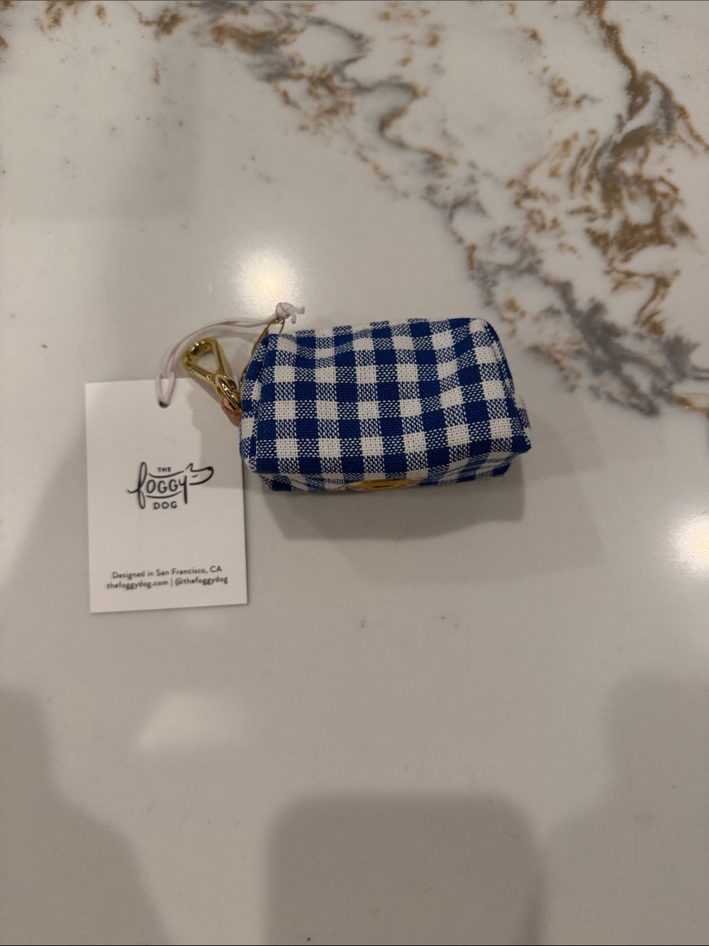 The Foggy Dog Navy Gingham Waste Bag Holder with Gold Clasp
